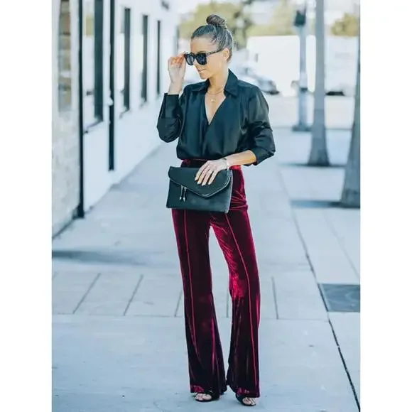 High Waist Velvet Flare Holiday Dressy Pants - Picture 5 of 15